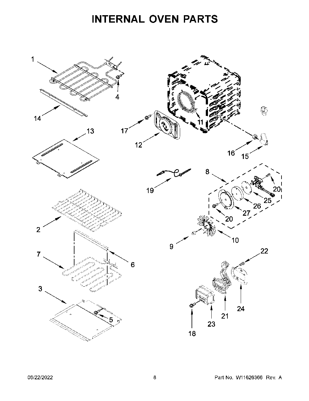 Internal Oven Parts Diagram and Parts List for KOSE900HBS20  KitchenAid Wall Oven