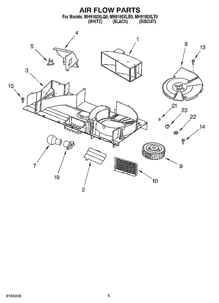 AIR FLOW Diagram and Parts List for MH9180XLT0  Whirlpool Microwave
