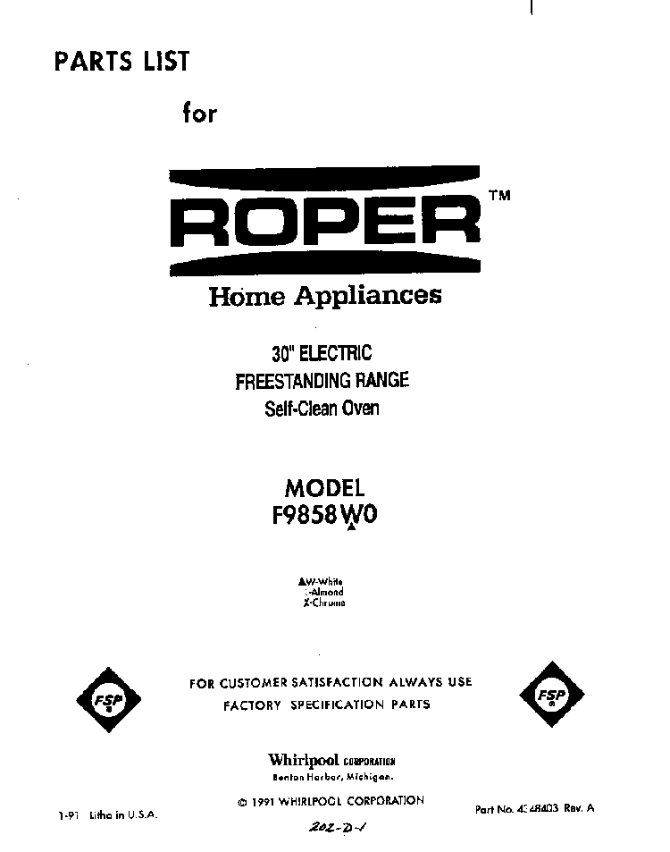 Front Cover Diagram and Parts List for F9858*0  Roper Range