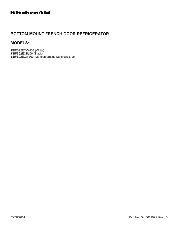 Cover Sheet Diagram and Parts List for KBFS22ECBL00  KitchenAid Refrigerator