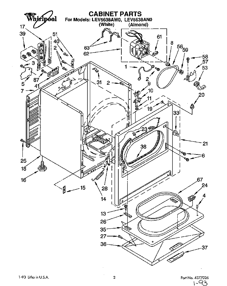 SECTION Diagram and Parts List for LEV5638AW0  Whirlpool Dryer