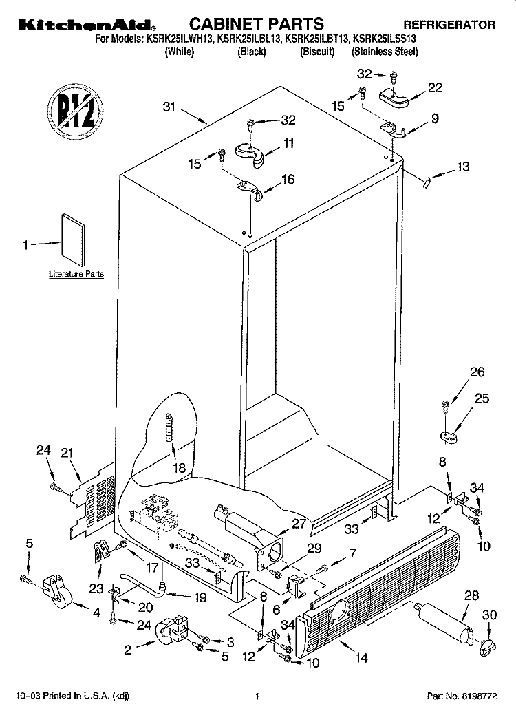 CABINET PARTS Diagram and Parts List for KSRK25ILWH13  KitchenAid Refrigerator