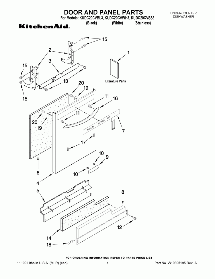 DOOR AND PANEL PARTS Diagram and Parts List for KUDC20CVBL3  KitchenAid Dishwasher
