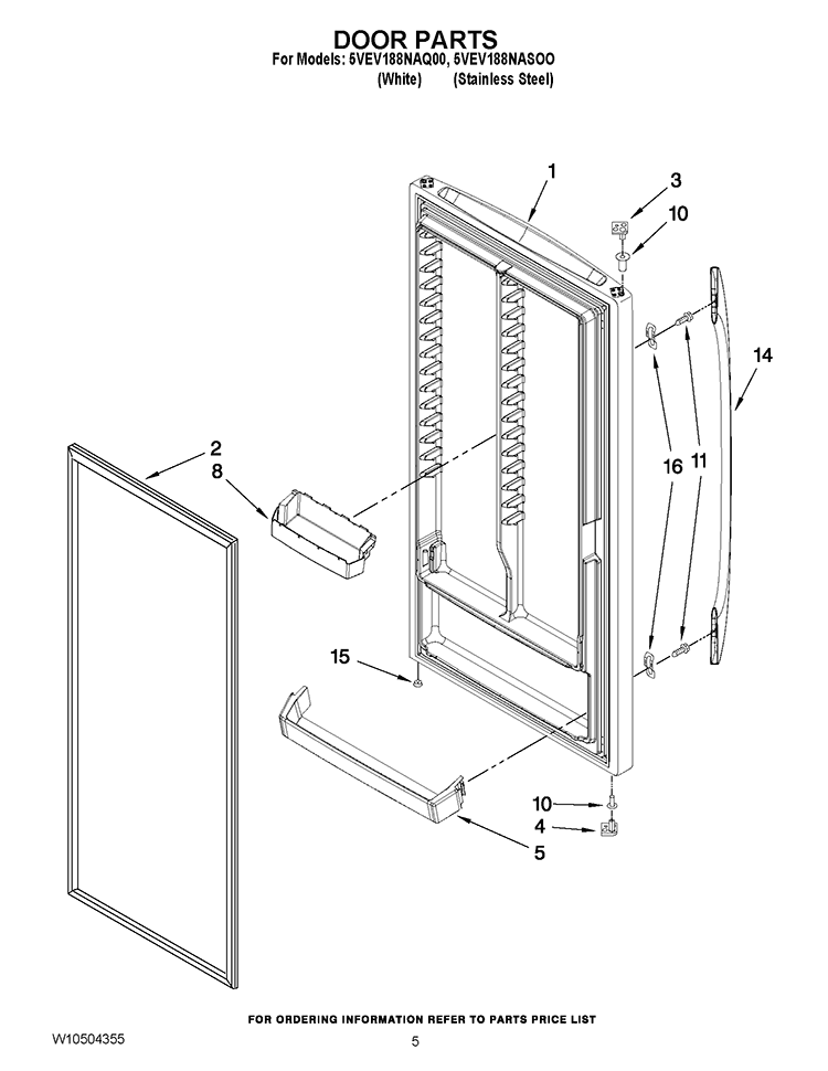 DOOR PARTS Diagram and Parts List for 5VEV188NASOO  Whirlpool Freezer