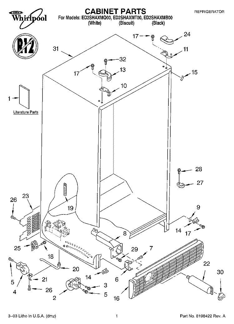 CABINET PARTS Diagram and Parts List for ED2SHAXMB00  Whirlpool Refrigerator