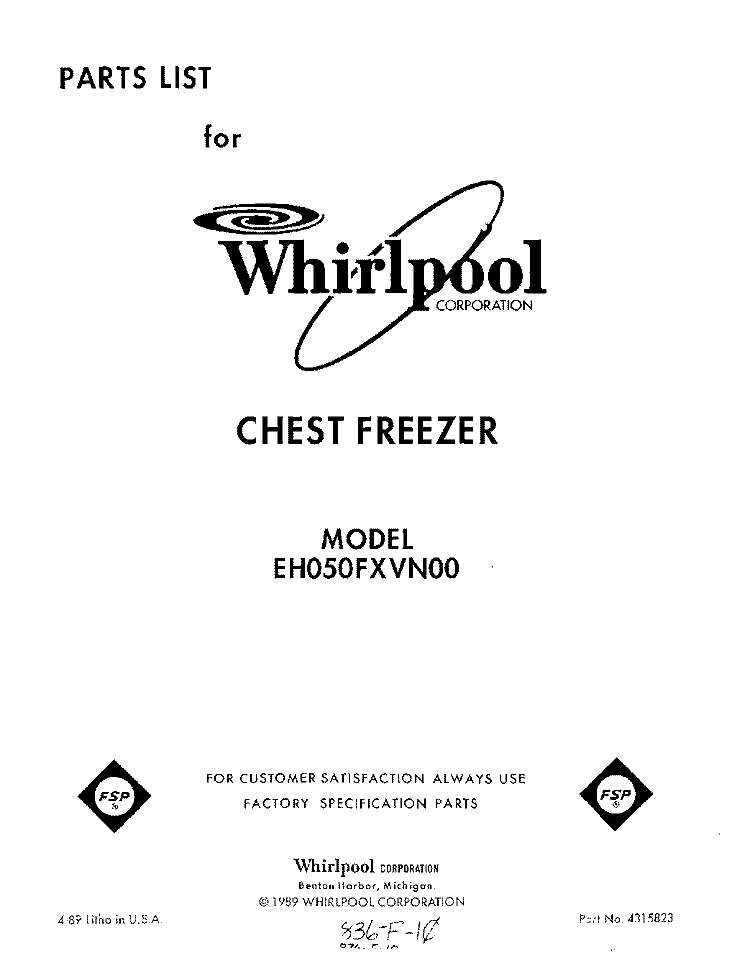 SECTION Diagram and Parts List for EH050FXVN00  Whirlpool Freezer