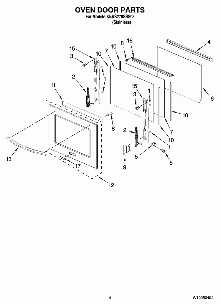 OVEN DOOR PARTS Diagram and Parts List for KEBS278SSS03  KitchenAid Wall Oven