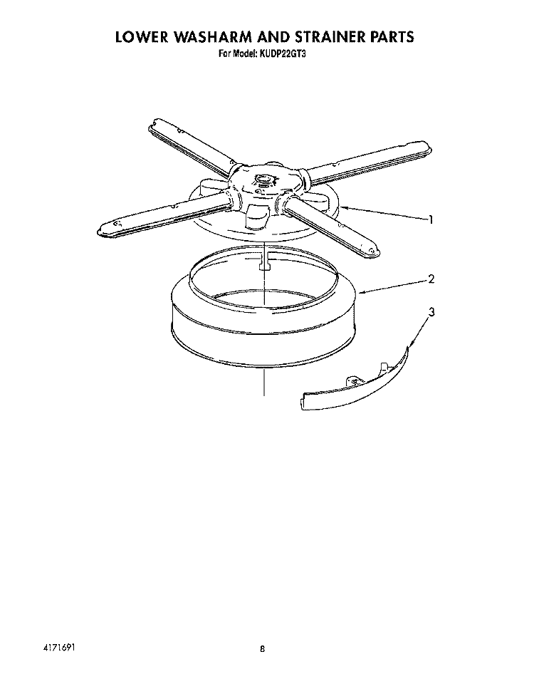 LOWER WASHARM AND STRAINER Diagram and Parts List for KUDP22GT3  KitchenAid Dishwasher