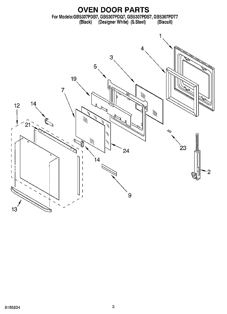 OVEN DOOR Diagram and Parts List for GBS307PDB7  Whirlpool Wall Oven