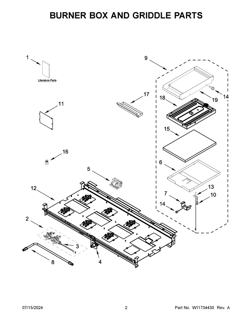 02 - Burner Box And Griddle Parts Diagram and Parts List for KFDC558JIB03  Whirlpool Cooktop