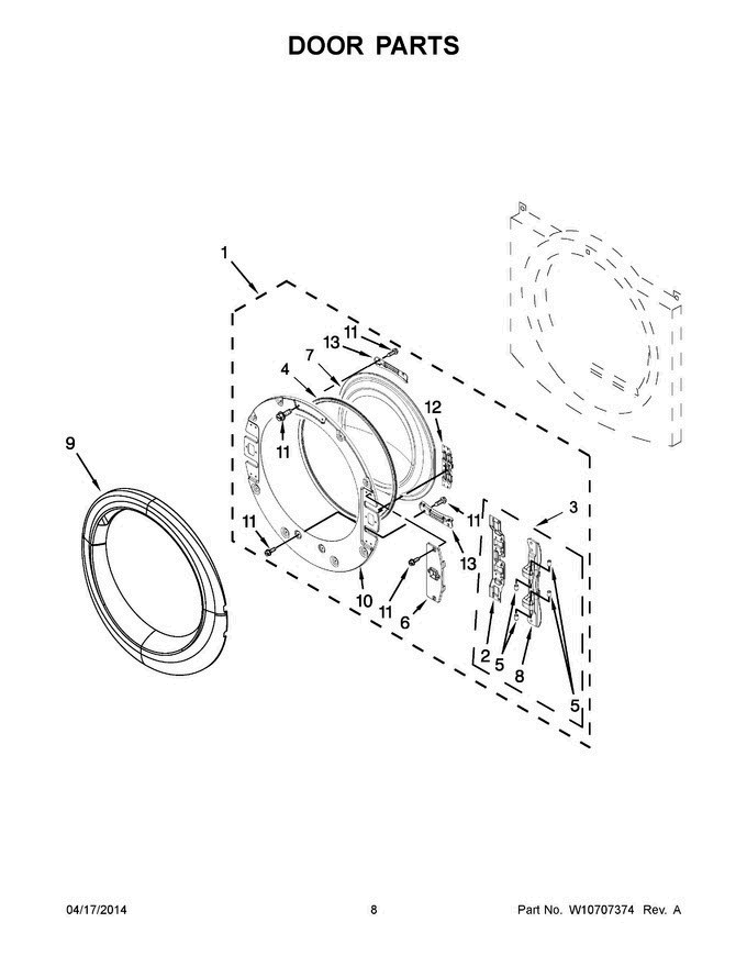 05 - Door Parts Diagram and Parts List for YWED87HEDC0  Whirlpool Dryer