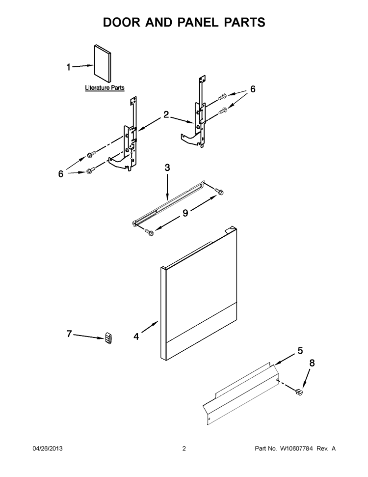 DOOR AND PANEL PARTS Diagram and Parts List for WDF111PABW1  Whirlpool Dishwasher