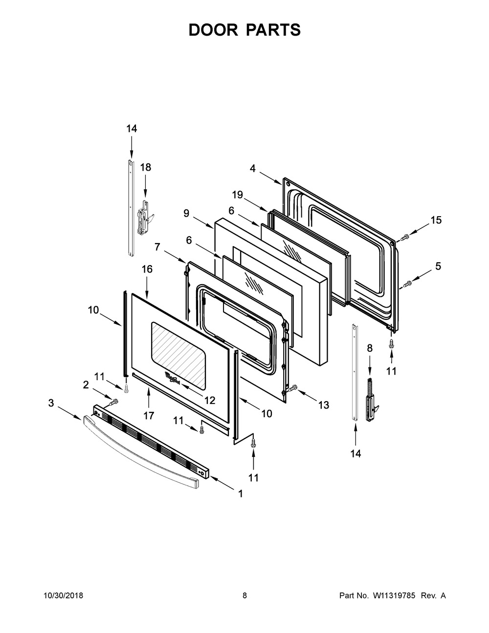 Door Parts Diagram and Parts List for WFE510S0HB1  Whirlpool Range