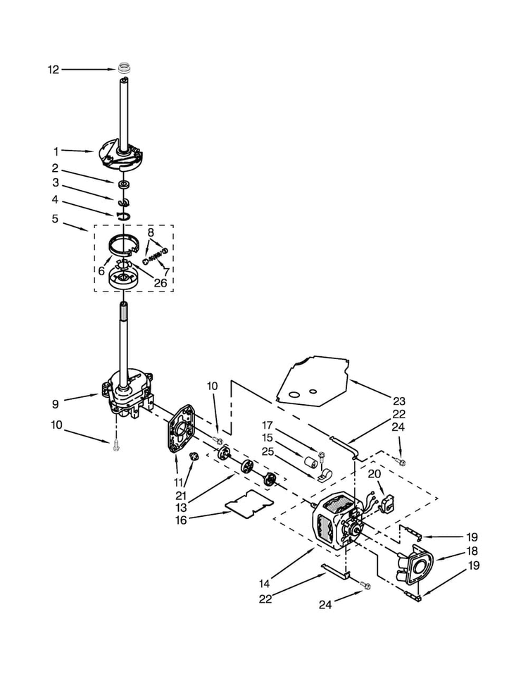 Brake, Clutch, Gearcase, Motor And Pump Parts Diagram and Parts List for 7MWET3300EQ0  Whirlpool Washer Dryer Combo