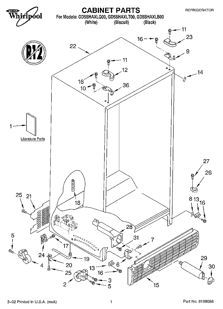 CABINET, LITERATURE Diagram and Parts List for GD5SHAXLB00  Whirlpool Refrigerator