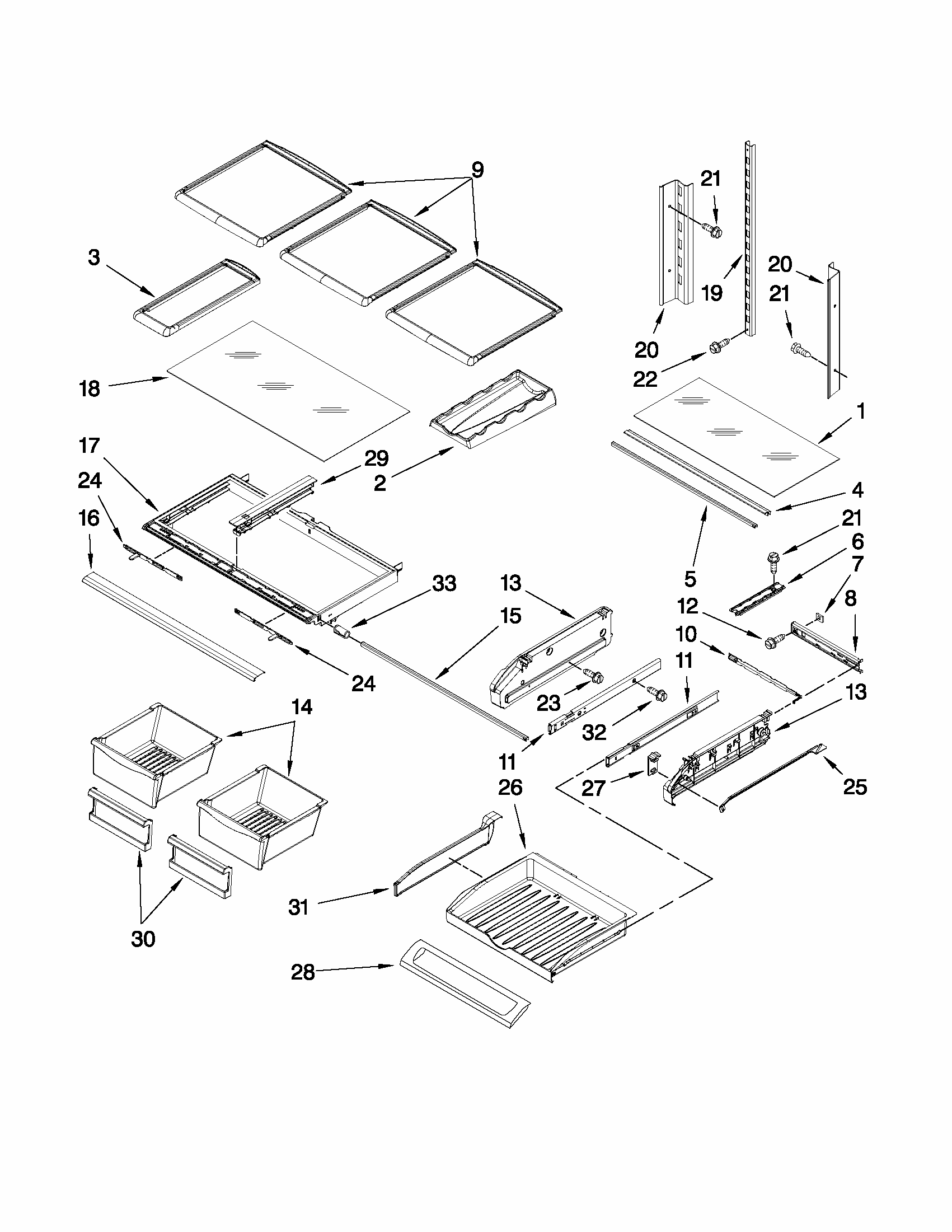 Shelf Parts Diagram and Parts List for 59679542015  Kenmore Refrigerator