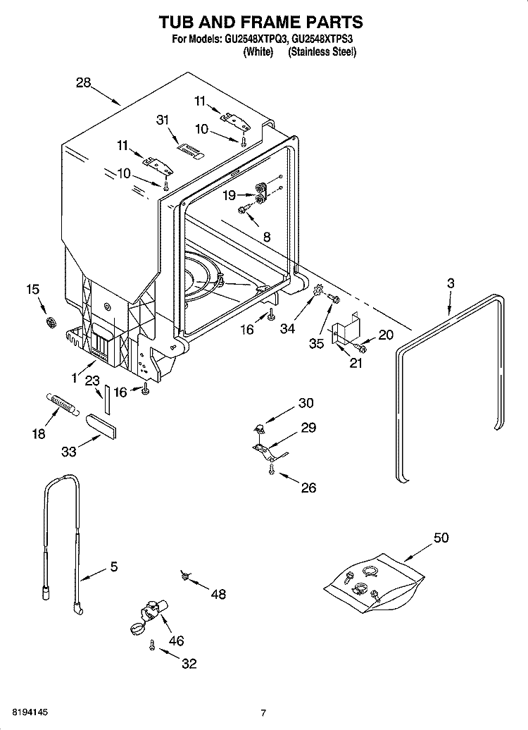 TUB AND FRAME PARTS Diagram and Parts List for GU2548XTPS3  Whirlpool Dishwasher