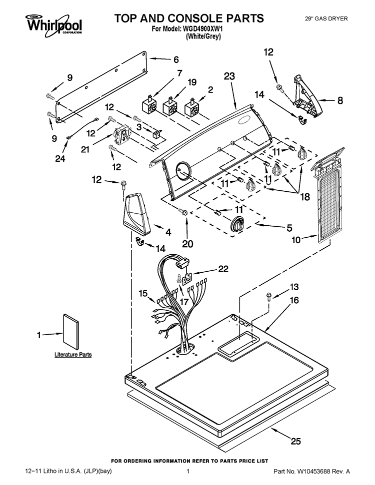 TOP AND CONSOLE PARTS Diagram and Parts List for WGD4900XW1  Whirlpool Dryer