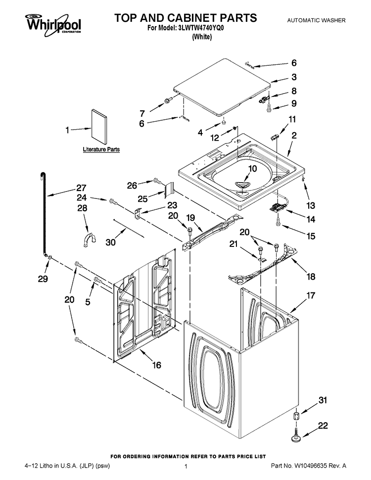 TOP AND CABINET PARTS Diagram and Parts List for 3LWTW4740YQ0  Whirlpool Washer