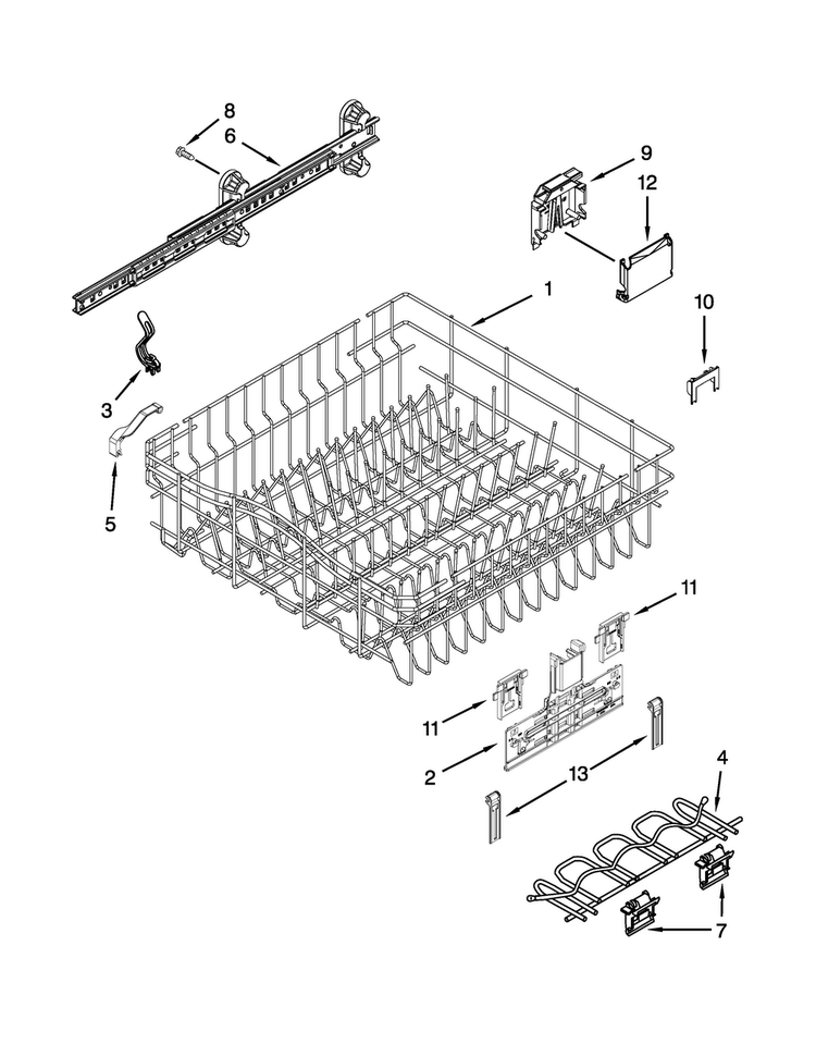 Upper Rack And Track Parts Diagram and Parts List for BLB14DRANA2  Whirlpool Dishwasher