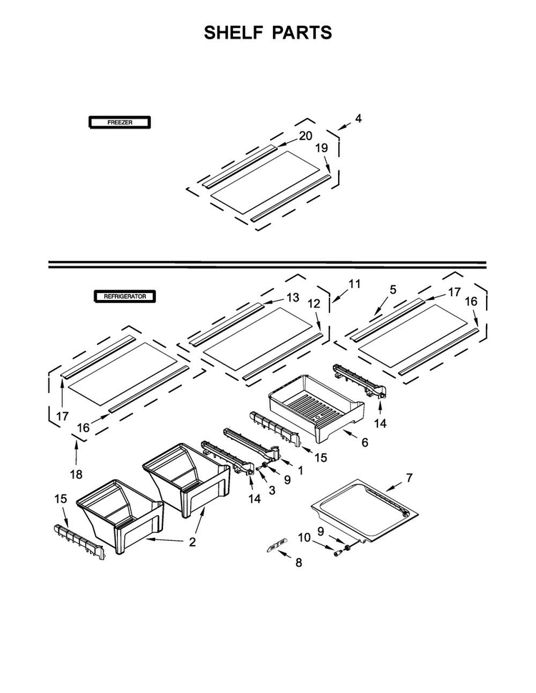 Shelf Parts Diagram and Parts List for WRT318FZDW00  Whirlpool Refrigerator