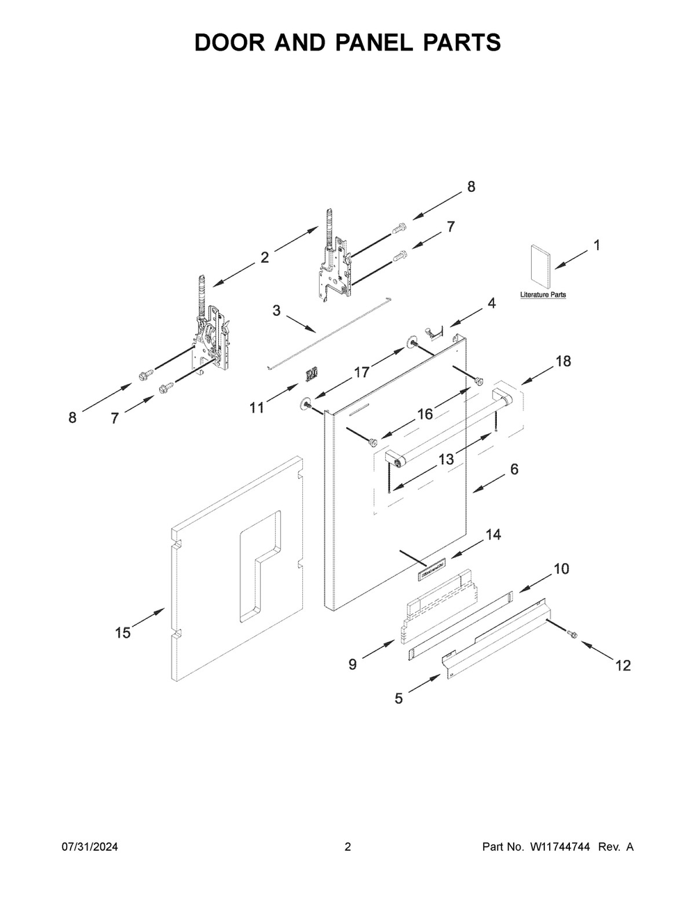 02 - Door And Panel Parts Diagram and Parts List for KDTE304RPS0  Whirlpool Dishwasher
