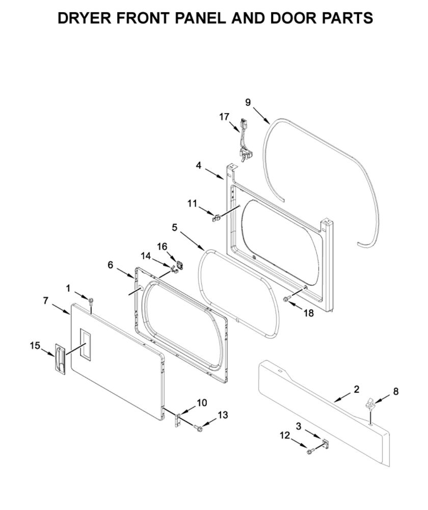 Dryer Front Panel And Door Parts Diagram and Parts List for 7MWGT4027HW1  Whirlpool Washer Dryer Combo