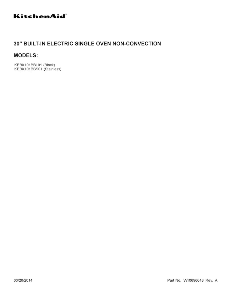 Cover Sheet Diagram and Parts List for KEBK101BSS01  KitchenAid Wall Oven