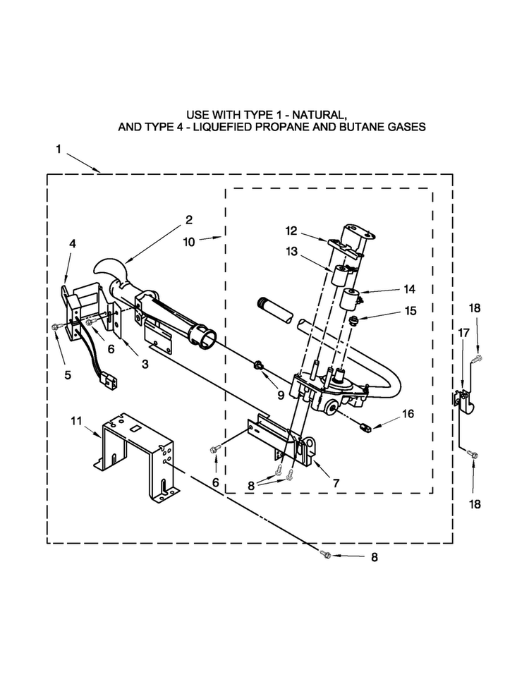 W10601030 Burner Assembly Parts Diagram and Parts List for BSG17CCANA0  Whirlpool Dryer