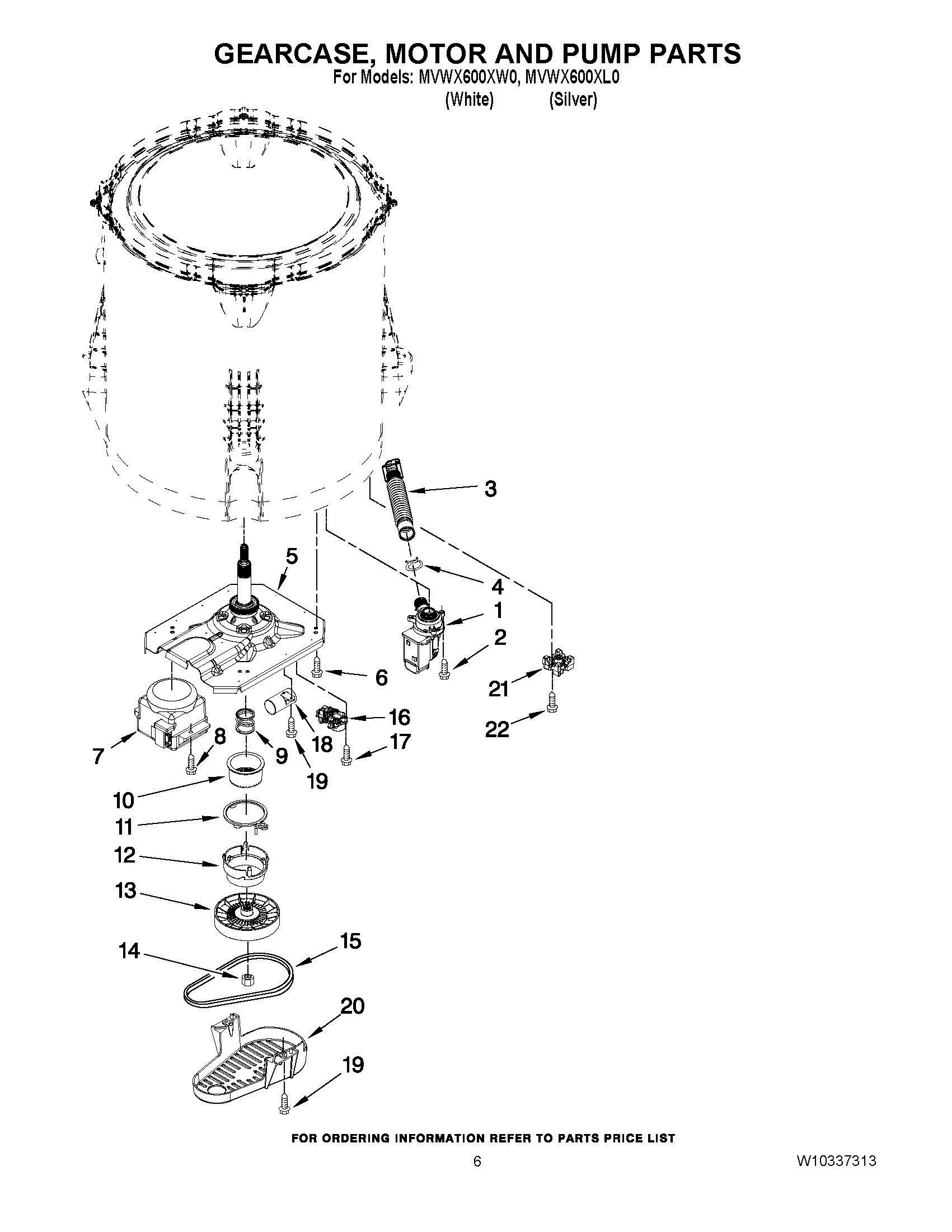 04 - GEARCASE, MOTOR AND PUMP PARTS Diagram and Parts List for MVWX600XL0  Whirlpool Washer