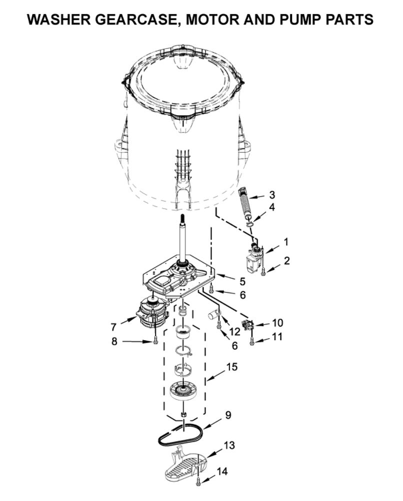 Washer Gearcase, Motor And Pump Parts Diagram and Parts List for 7MWGT4027HW1  Whirlpool Washer Dryer Combo