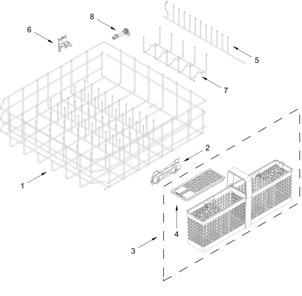 Lower Rack Parts Diagram and Parts List for KDPS624SBE0  Whirlpool Dishwasher