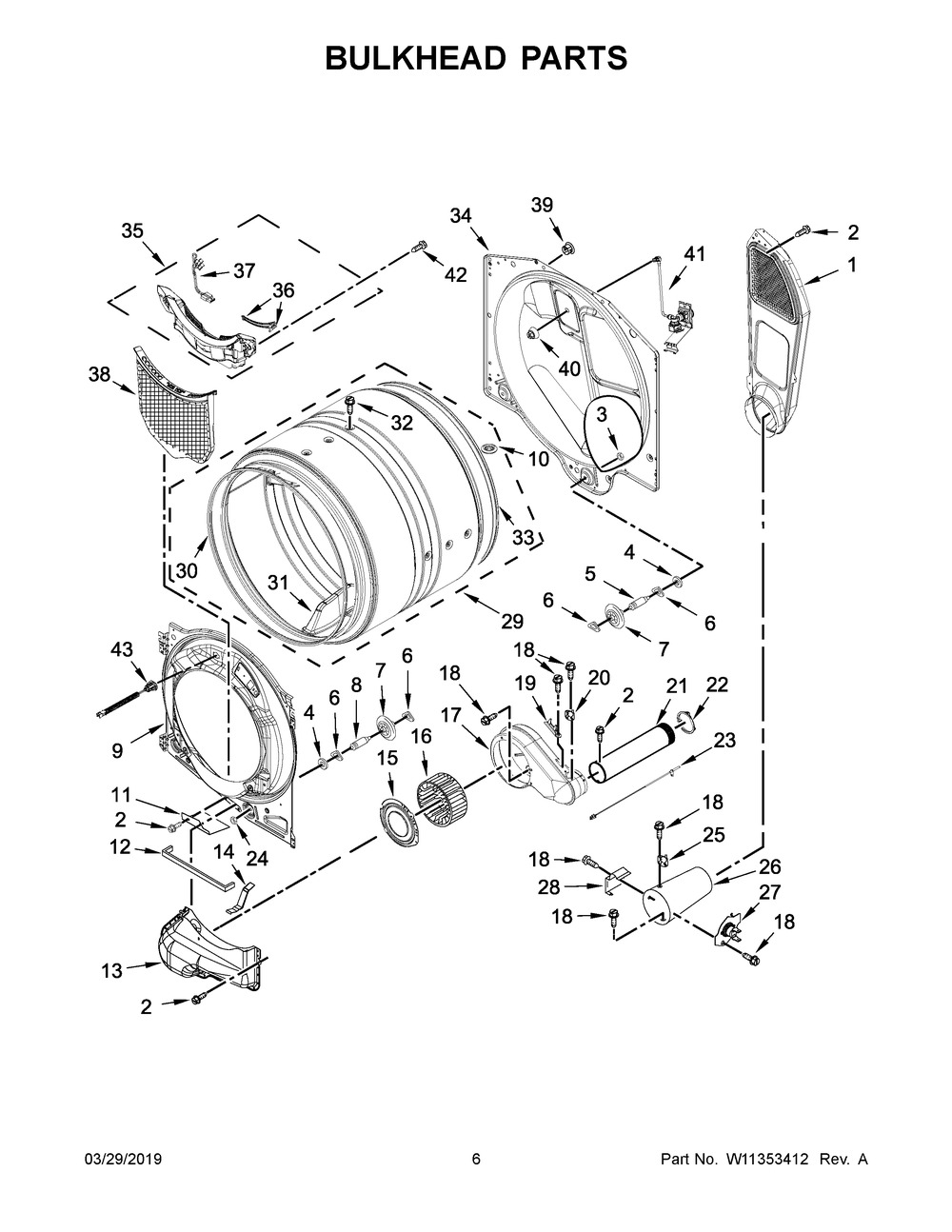 Bulkhead Parts Diagram and Parts List for 8TWGD6622HW0  Whirlpool Dryer