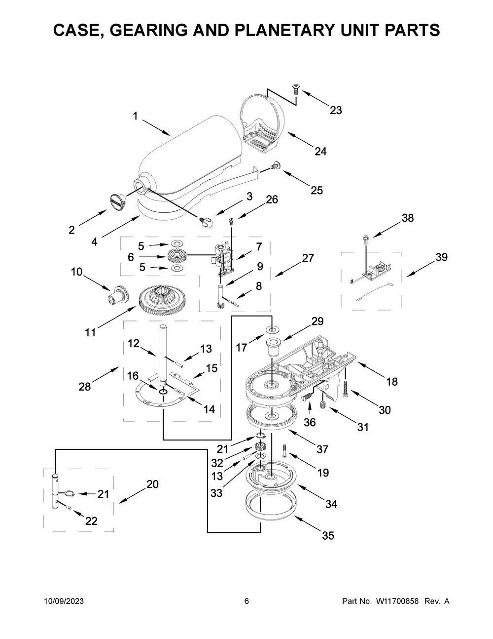 Case, Gearing And Planetary Unit Parts Diagram and Parts List for 7KSM195PSZHI5  KitchenAid Mixer