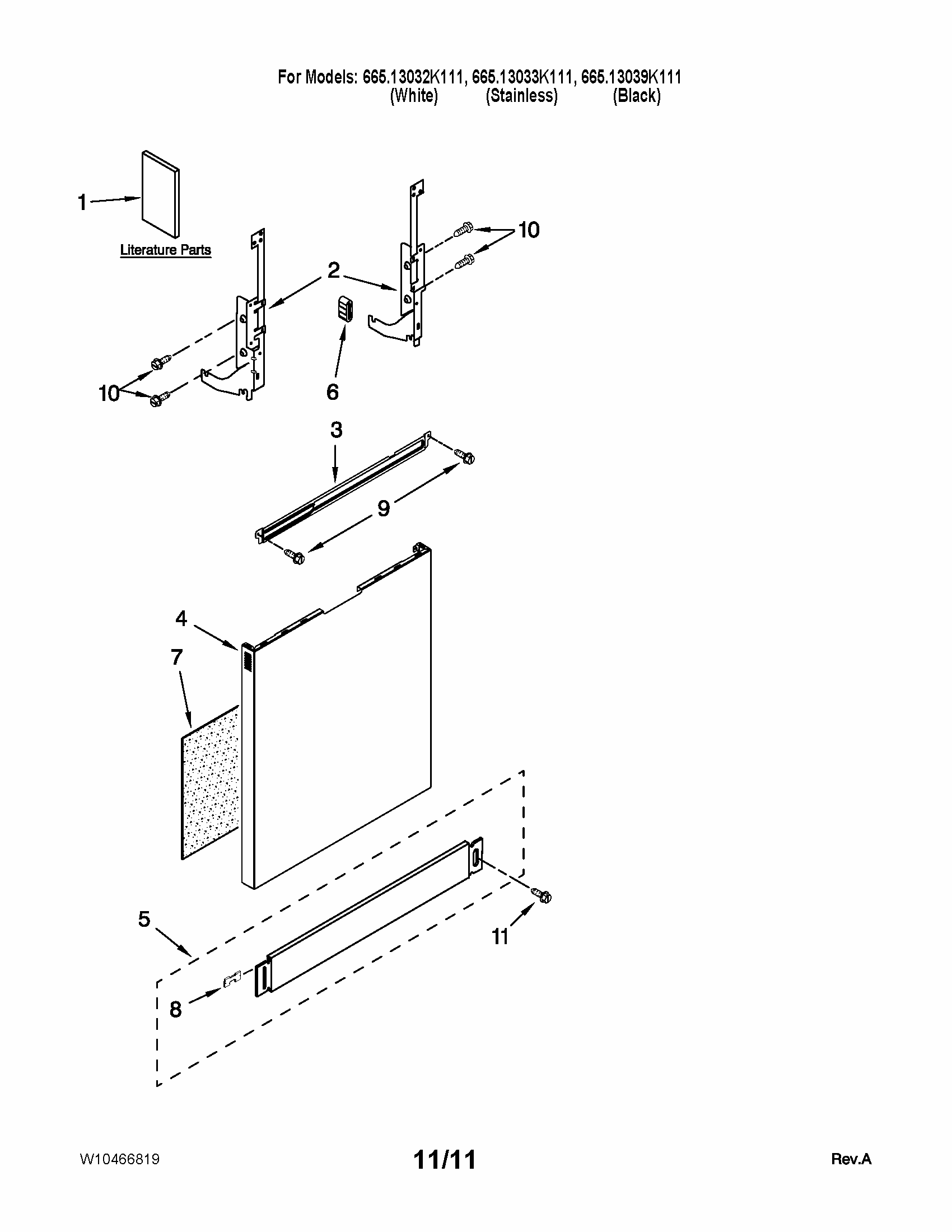 Door And Panel Parts Diagram and Parts List for 66513033K111  Kenmore Dishwasher