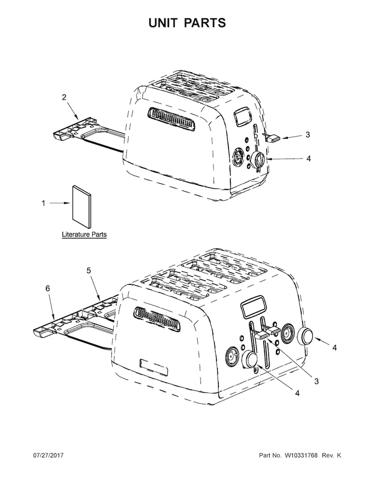 Unit Parts Diagram and Parts List for KMT422ER0  KitchenAid Toaster