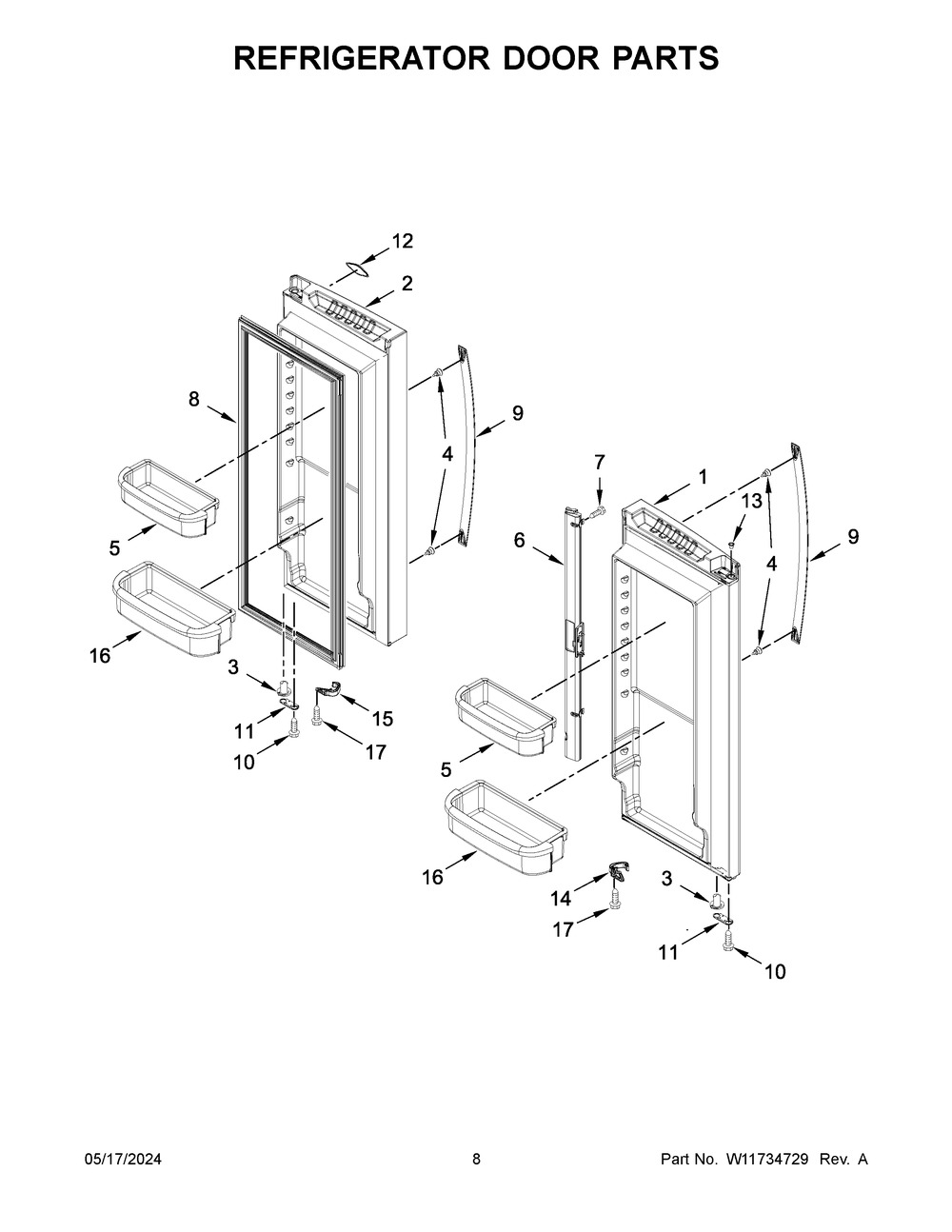 Refrigerator Door Parts Diagram and Parts List for WRF535SWHW10  Whirlpool Refrigerator