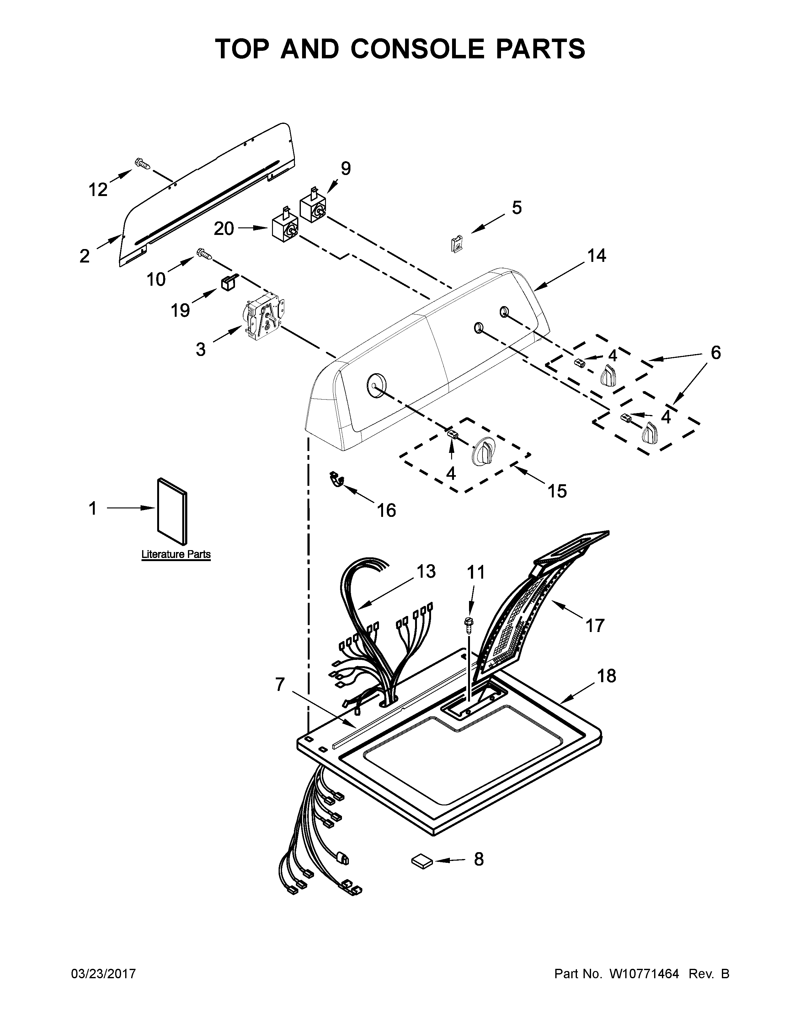 Top And Console Parts Diagram and Parts List for 11072332510  Kenmore Dryer