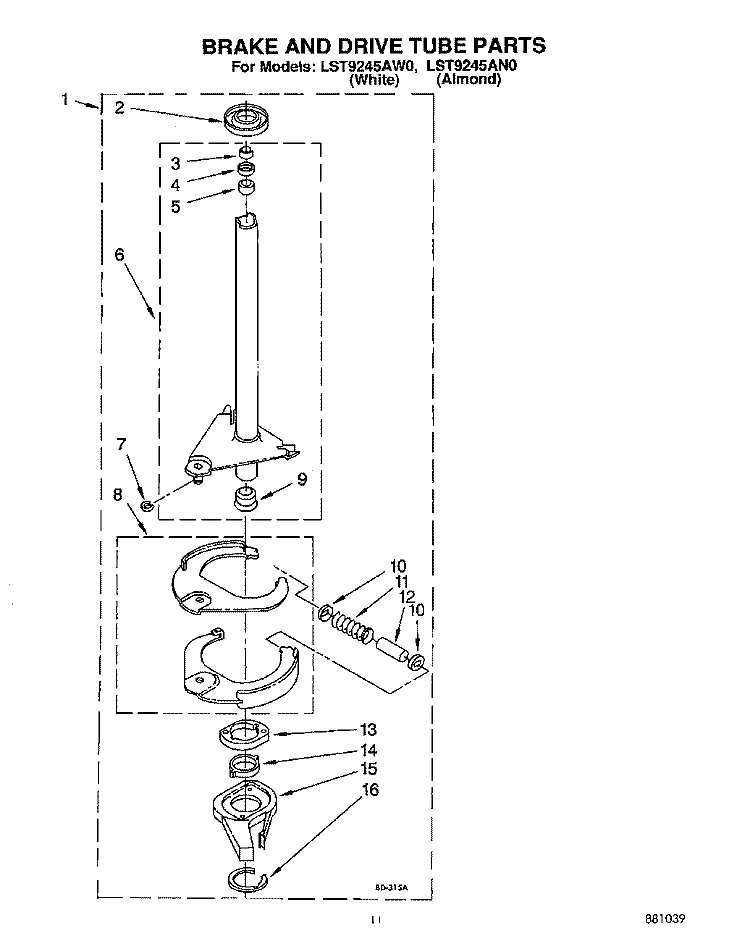 BRAKE AND DRIVE TUBE Diagram and Parts List for LST9245AN0  Whirlpool Washer