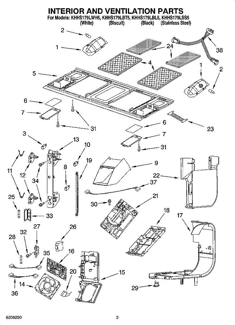INTERIOR AND VENTILATION PARTS Diagram and Parts List for KHHS179LWH5  KitchenAid Microwave