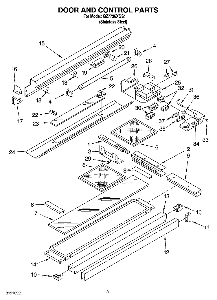 DOOR AND CONTROL PARTS Diagram and Parts List for GZ7736XGS1  Whirlpool Range Hood