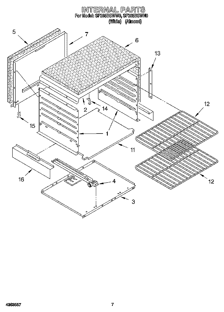 INTERNAL Diagram and Parts List for SF305BSWW0  Whirlpool Range