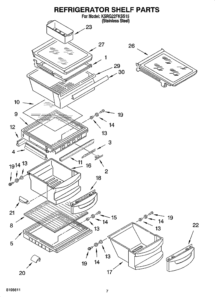 REFRIGERATOR SHELF PARTS Diagram and Parts List for KSRG22FKSS15  KitchenAid Refrigerator