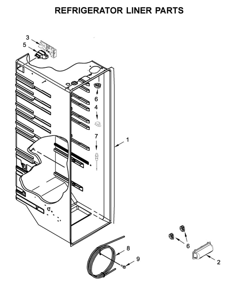 Refrigerator Liner Parts Diagram and Parts List for WRS315SDHM05  Whirlpool Refrigerator