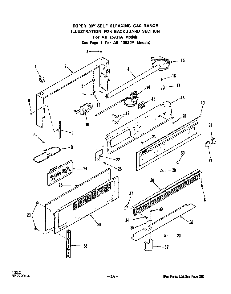 Backguard Diagram and Parts List for 1393*0A  Roper Range