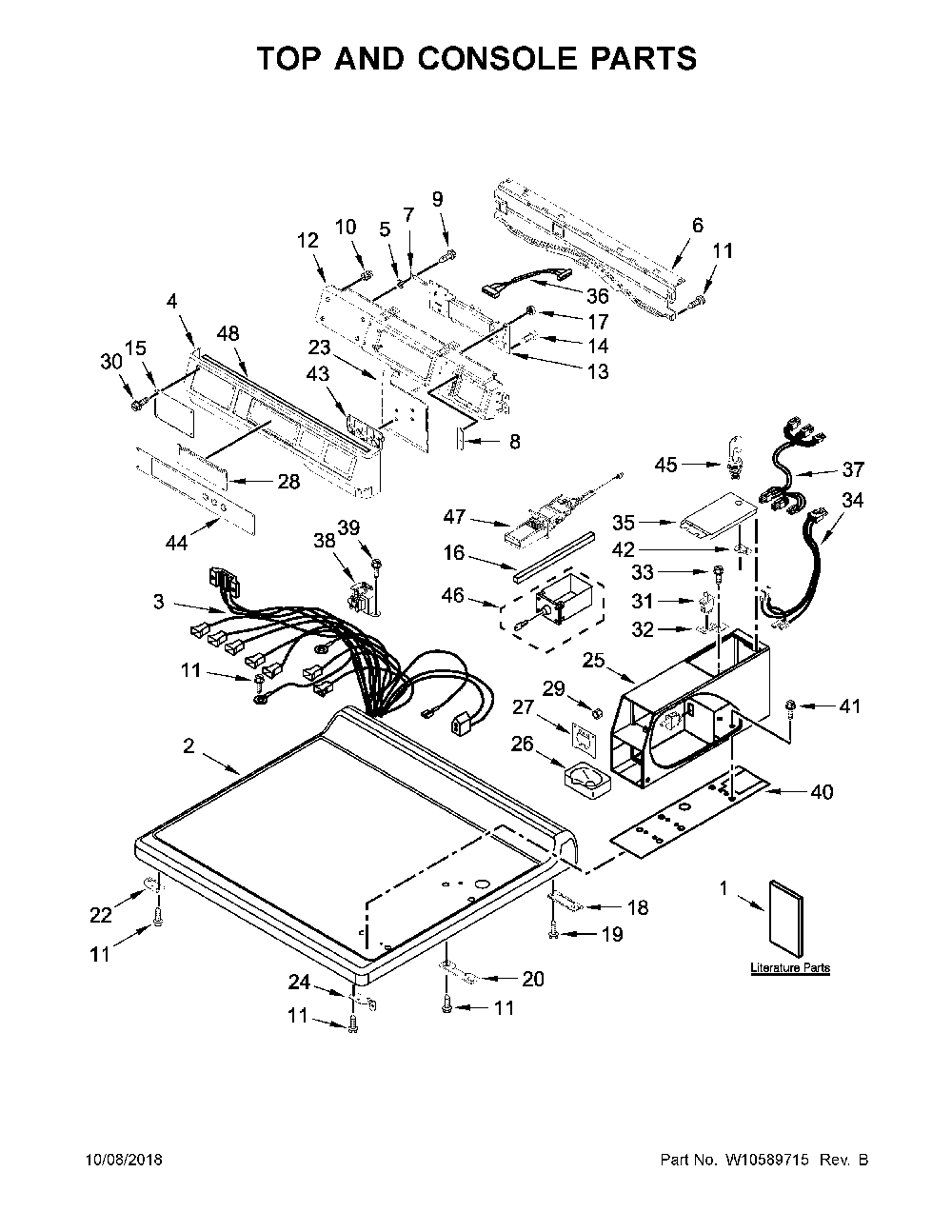 Top and console parts Diagram and Parts List for 11081932511  Kenmore Dryer