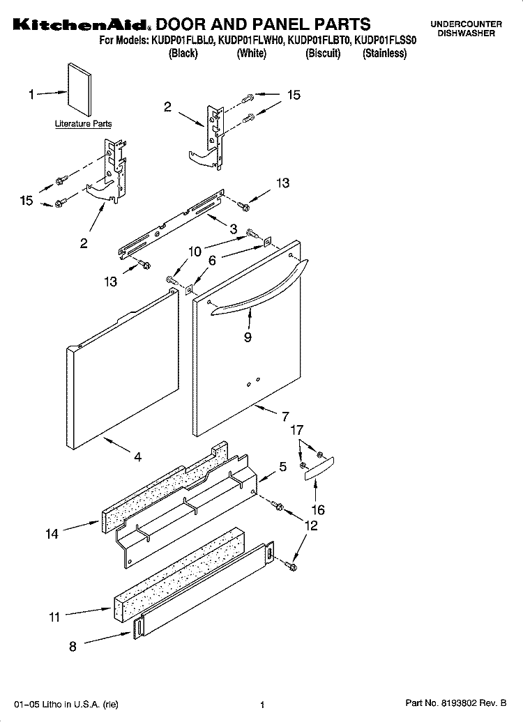 DOOR AND PANEL PARTS Diagram and Parts List for KUDP01FLBT0  KitchenAid Dishwasher