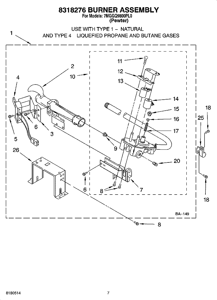 8318276 BURNER ASSEMBLY, OPTIONAL PARTS (NOT INCLUDED) Diagram and Parts List for 7MGGQ9800PL0  Whirlpool Dryer