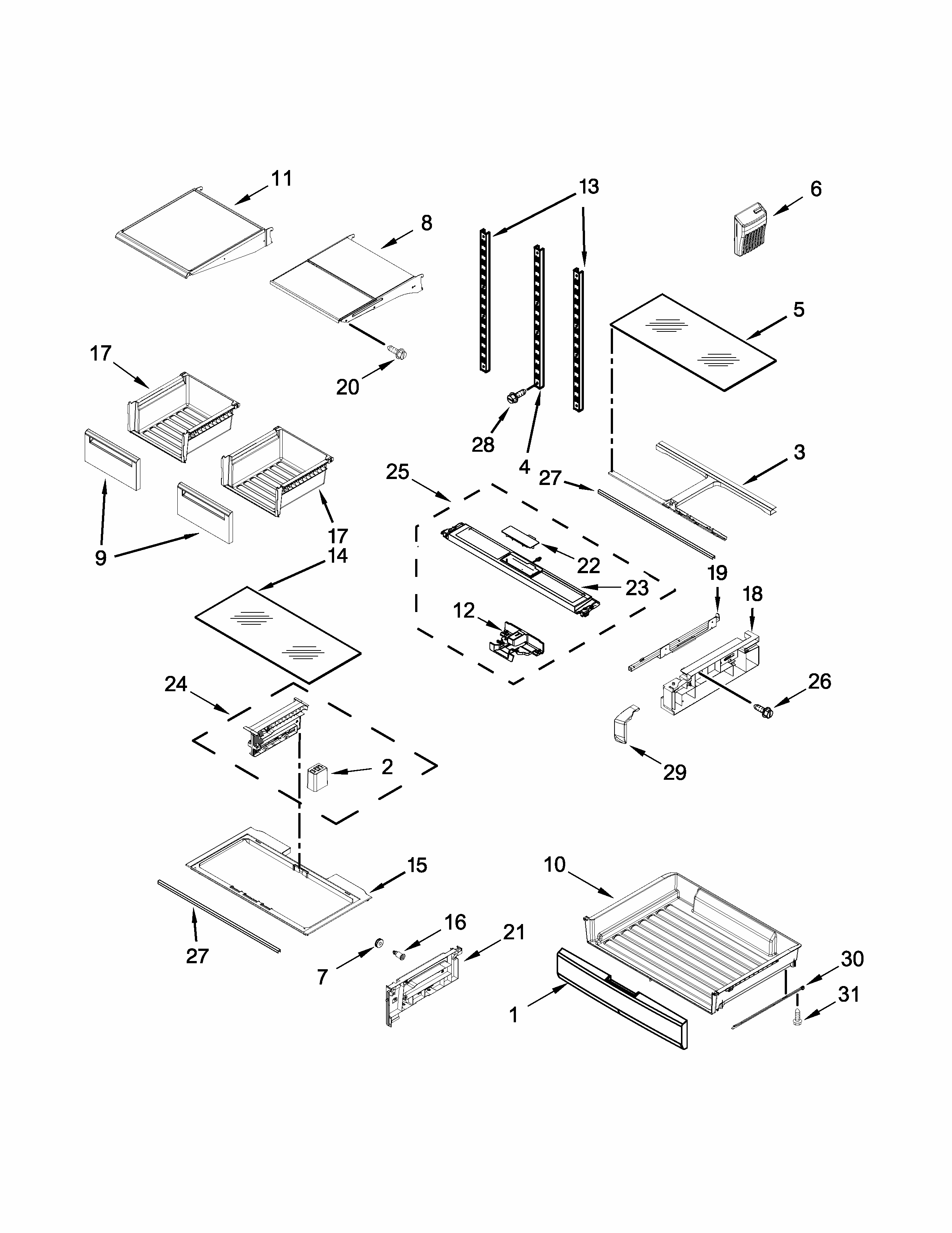 Shelf Parts Diagram and Parts List for IX7DDEXDSM02  Whirlpool Refrigerator