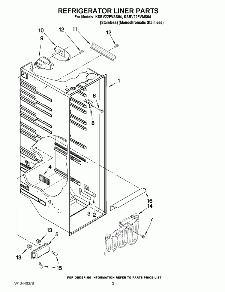 REFRIGERATOR LINER PARTS Diagram and Parts List for KSRV22FVSS04  KitchenAid Refrigerator